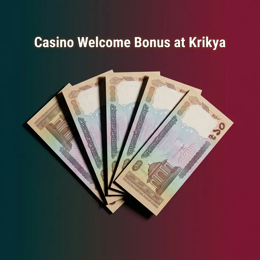 Krikya casino welcome bonus offering 500% up to ৳20,000 for new players on first deposit