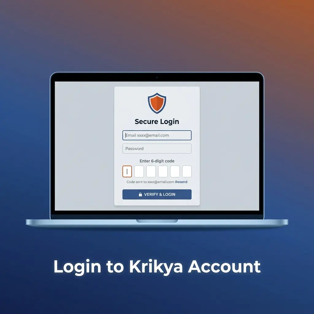 Krikya account login steps showing email entry, password field, and two-factor authentication verification process