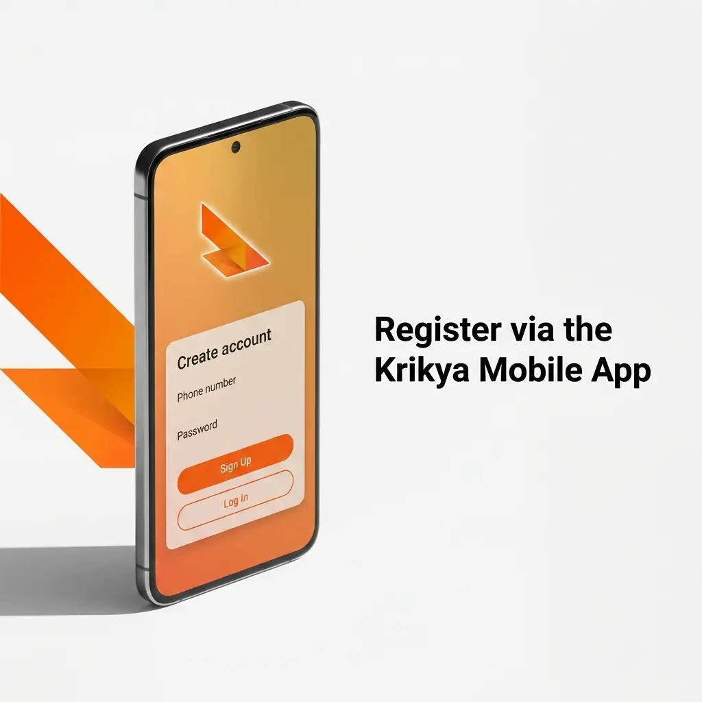 Krikya mobile app registration process showing step-by-step sign-up options for Android and iOS devices