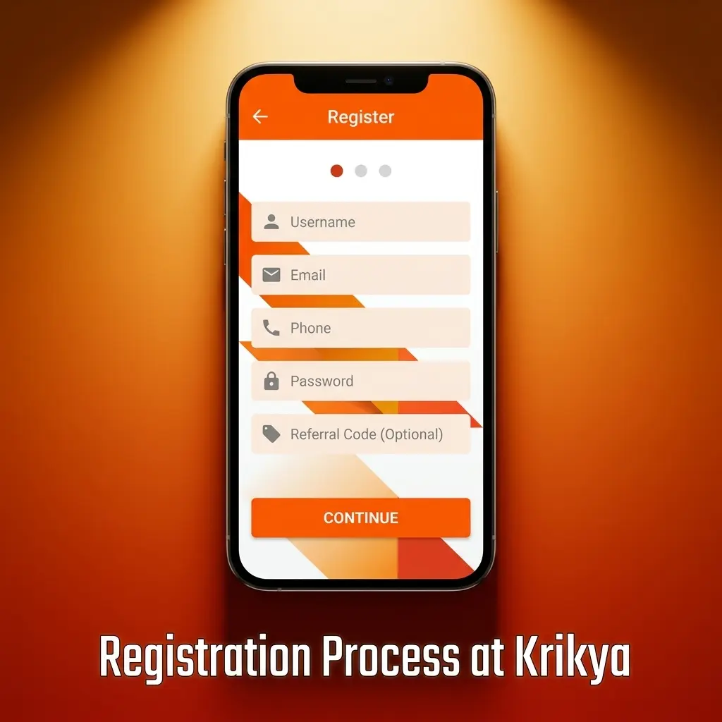 Krikya registration process steps showing sign-up form, currency selection, and bonus claim via bKash or Nagad